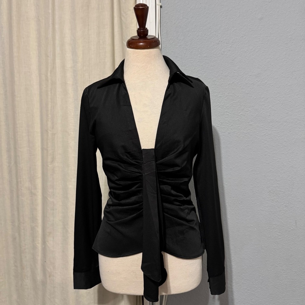 idem ditto Black Ruched Front Long Sleeve Collared Button Up Shirt Top Gothic L